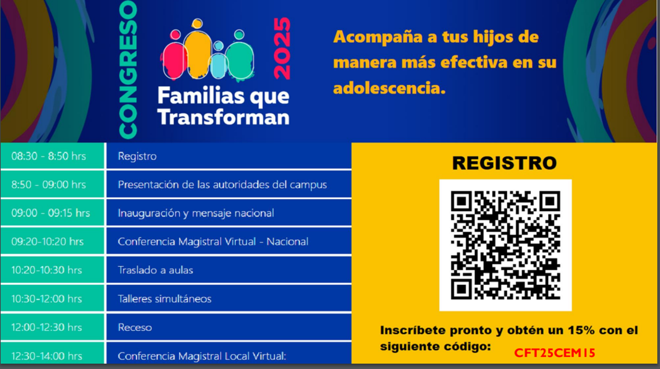 Agenda de conferencias magistrales y talleres del Congreso "Familias que transforman"