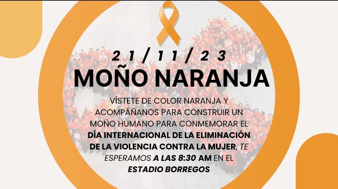 Imagen de moño hecho por un grupo de personas vestidas de color naranja